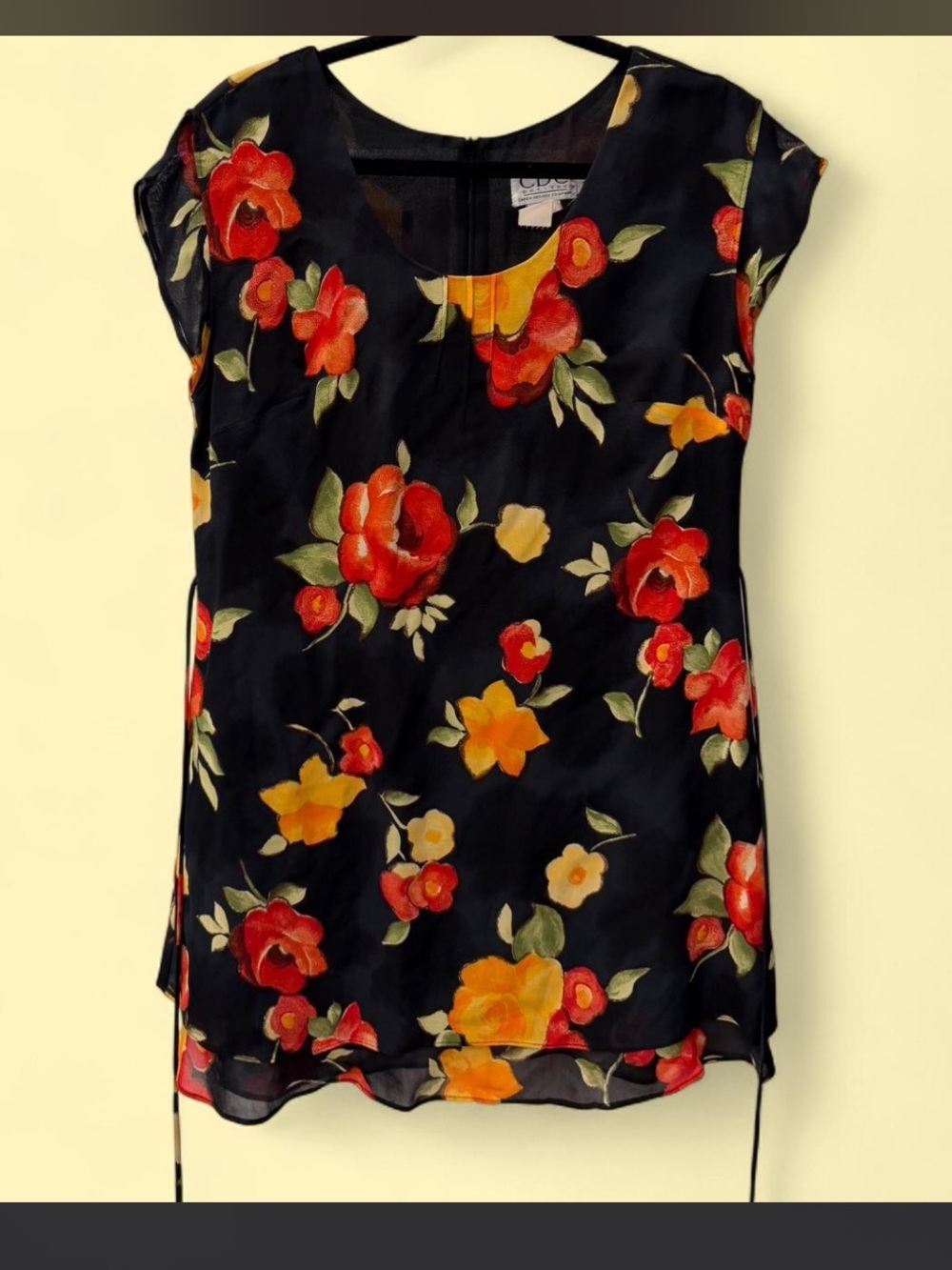 CDC Black Floral Sheer Cap-Sleeve Blouse with Red and Yellow Blossoms